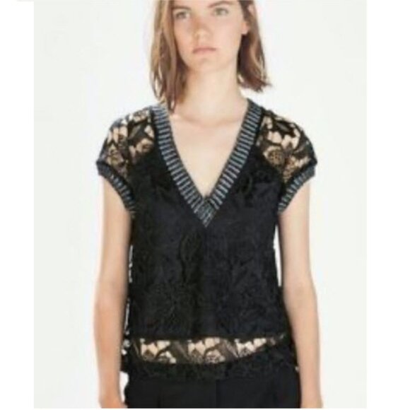 Zara Black Lace V-Neck Blouse Size Small - Picture 1 of 11